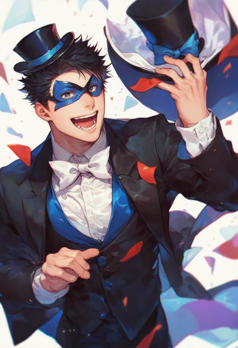 1boy, male focus, solo, mamoru chiba, tuxedo mask, top hat, mask, hat, bow, open mouth, white bowtie, black hair, short hair, formal, suit, muscular boy