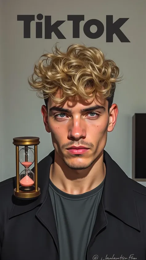  Make a male character with the same face as this photo ,  place an hourglass as a symbol and place the TikTok image in the background, I only want a face photo for profile picture 