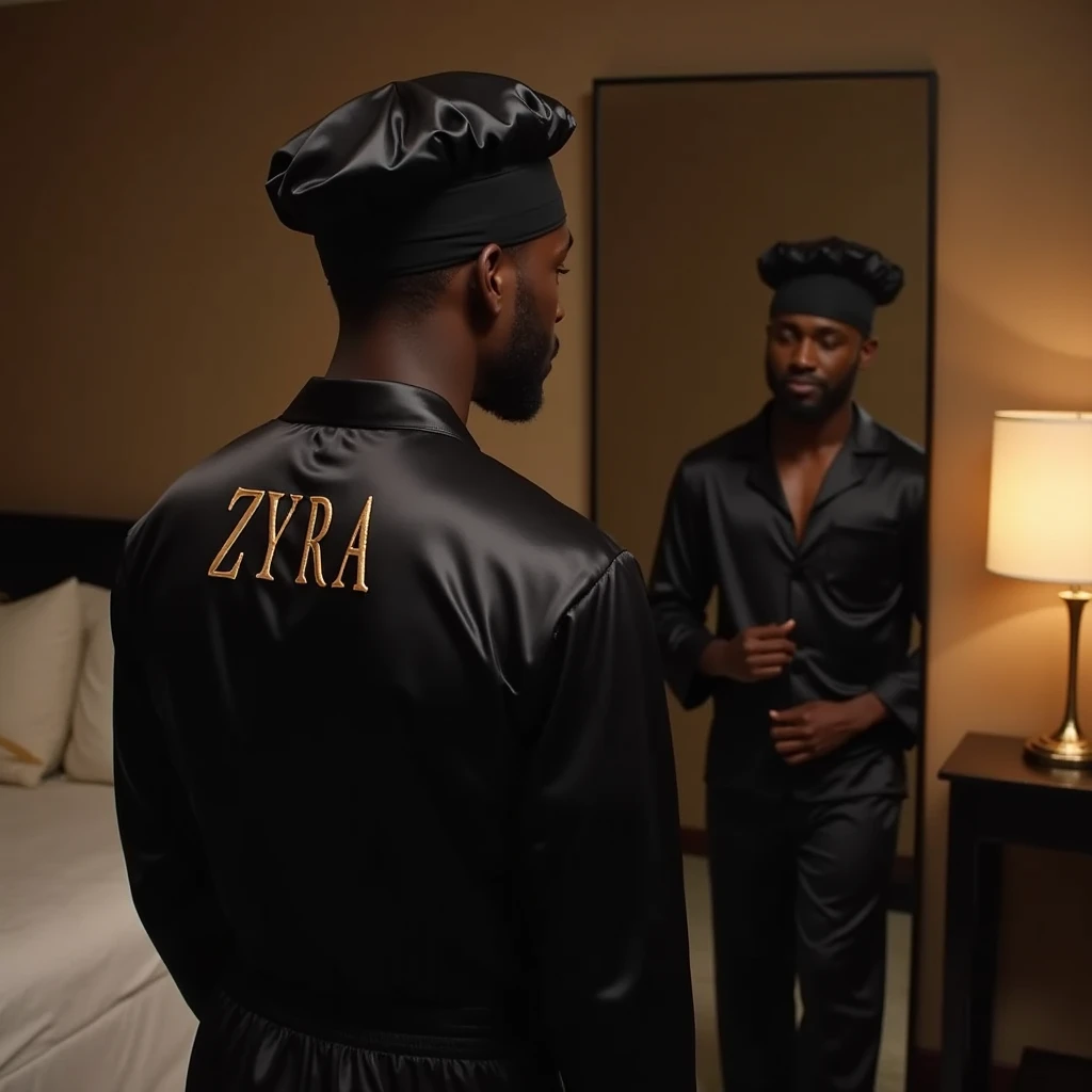 Create an image of a handsome Rwandan man with dark skin, wearing a sleek black satin shower bonnet with the word ZYRA embroidered in gold across the front. He is standing in an elegant, softly lit bedroom, looking at himself in a mirror with a calm and co...