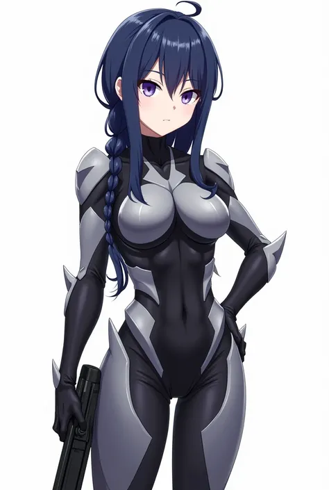 An intense anime girl with long, braided midnight blue hair and intense violet eyes, dressed in a dark silver and black suit with sharp, angular armor plating. She’s standing with one hand on her hip, her other hand resting on a futuristic weapon holstered...