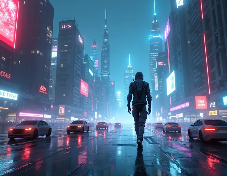  cyberpunk city ，Sky， virtual reality android，，Wireless Communications，virtual projection ，Surreal scene，Digital space ，The Void，No boundaries，Floating，Neon light，Night Sky， bright picture，C4D Rendering， 3d Model ， high resolution， high detail ， best quali...