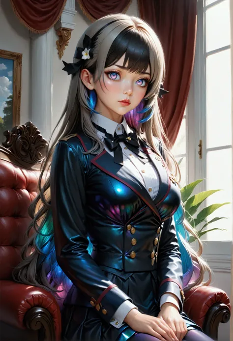 1maturegirl,mahiru shiina, Long smooth straight dark grey hair, inner dark iridescent hair, iridescent eyes,aesthetic curvy figure,sitting in royal Academy uniform,masterpiece, super detail,detailed eyes, best quality, 8k,realistic