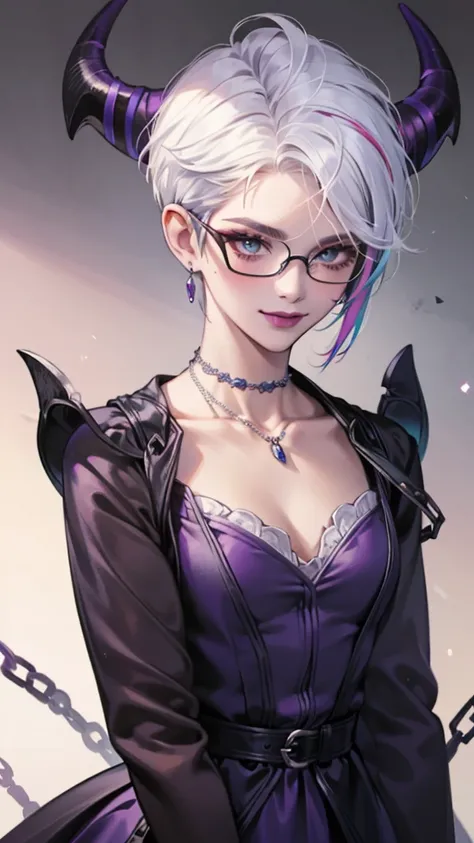 8k, masterpiece, best quality, highly detailed, 1 girl, devil, demon horns, warlock, pixie cut, white hair, multicolored hair, very short straight hair, red highlight hair on white hair, stippled hair, wearing glasses, round glasses, earrings, red eyeshado...