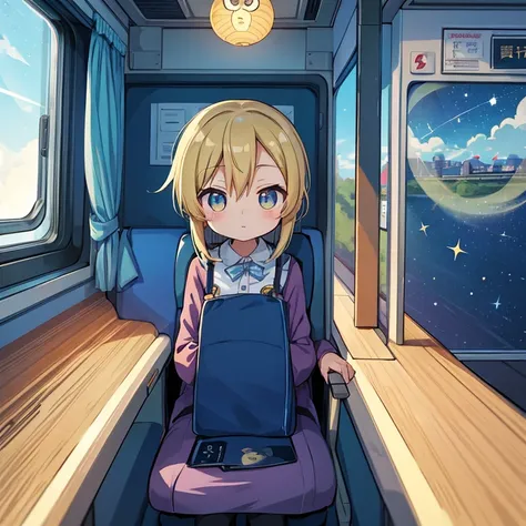 A train that transcends time and space、 cute girl、Chibi character、 owl under guard、, The view from the seat of the Galaxy Express、((Shining stars from the train window々)),​masterpiece、top-quality、  best image quality