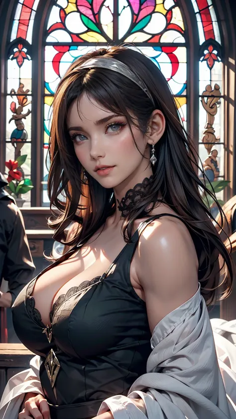 1 person,  green top ,   lots of dark brown hair,  stained glass ,  vibrant colors, masterpiece,  best quality,  detail eyes ,  detailed lips from home, Detailed clothing, ( dark eyes: 1.2),  Extremely Realistic Face ,Big Breasts、 Silver Hair、Semi-long hai...