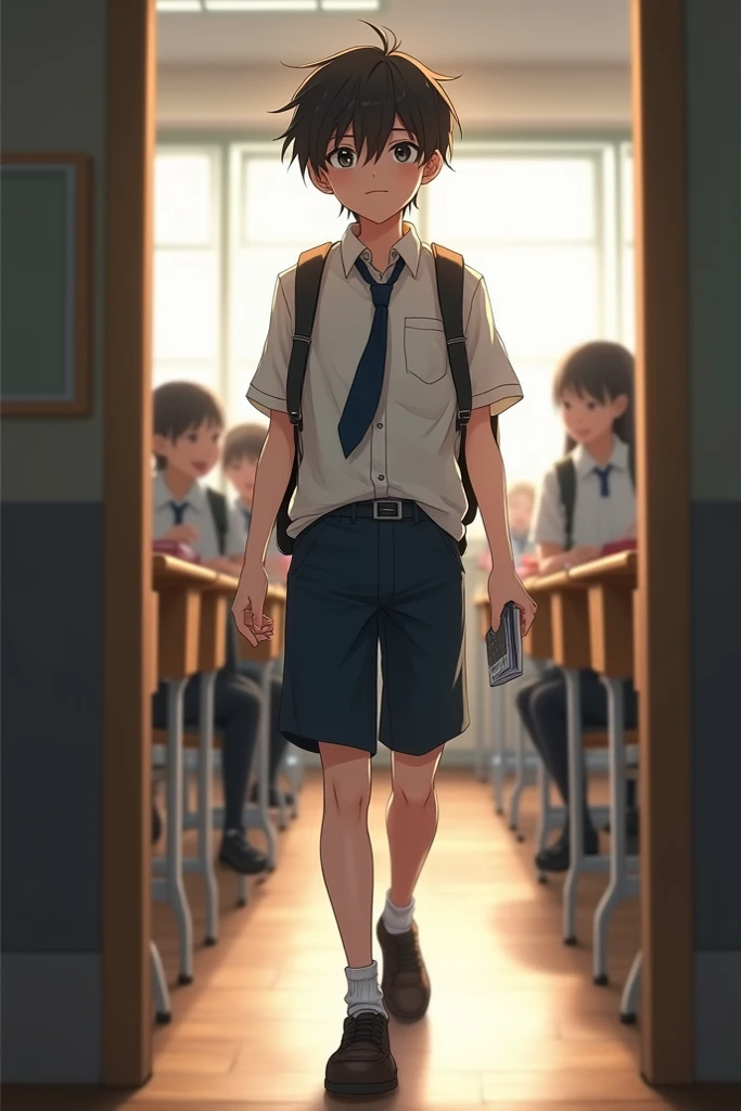 Make a picture of the  walking into the classroom in an untidy uniform