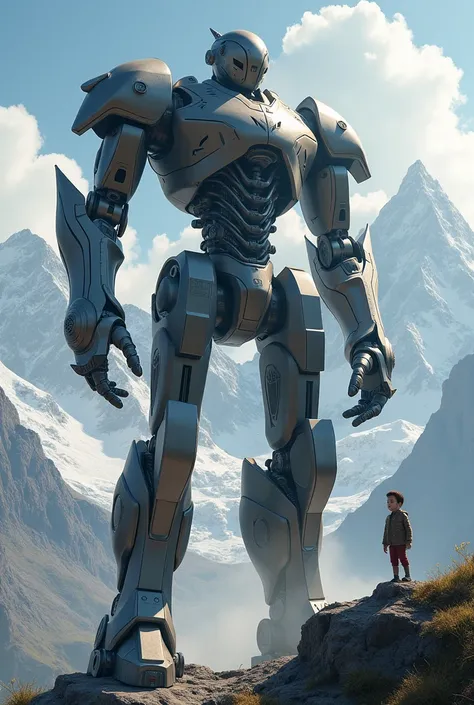 Iron robot with young boy standing on mountain