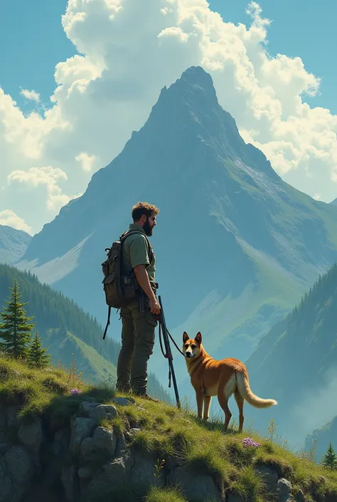 Prompt: "A lush green mountain with a 20-year-old young man standing on it. He is holding a rifle in one hand and a dog leash in the other. The dog is a strong, alert breed, standing beside him. The background features a dynamic sky with clouds moving swif...