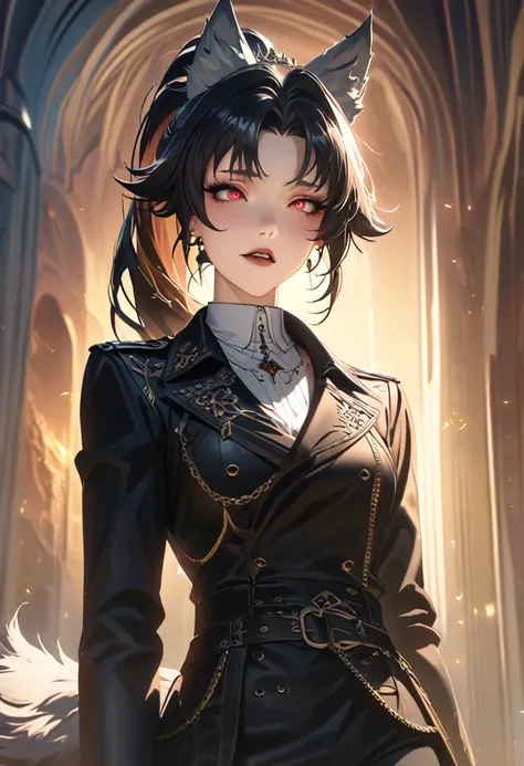 beautiful anime woman wearing a black military trench coat, tight black jeans pants, wolf ears, wolf tail, half wolf and half human, red eye color, black hair in a ponytail, light novel art, detailed anime art, 4k, anime, regal, royal, sexy, thicc, detaile...