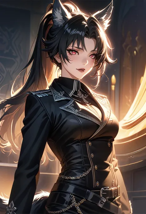 beautiful anime woman wearing a black military trench coat, tight black jeans pants, wolf ears, wolf tail, half wolf and half human, red eye color, black hair in a ponytail, light novel art, detailed anime art, 4k, anime, regal, royal, sexy, thicc, detaile...