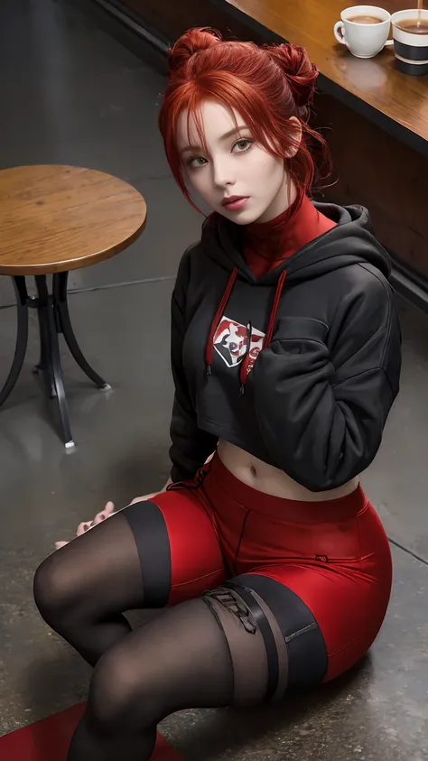 1 girl, Red hair, updo hairstyle, streaks of hair in face, red eyes, mascara, oversized hoodie, midriff, hot pants, tights, laced tights, bags under eyes, sitting, coffee shop, ground angle shot, viewer looking up, feet in tights,  saggy , chocker, raw pho...