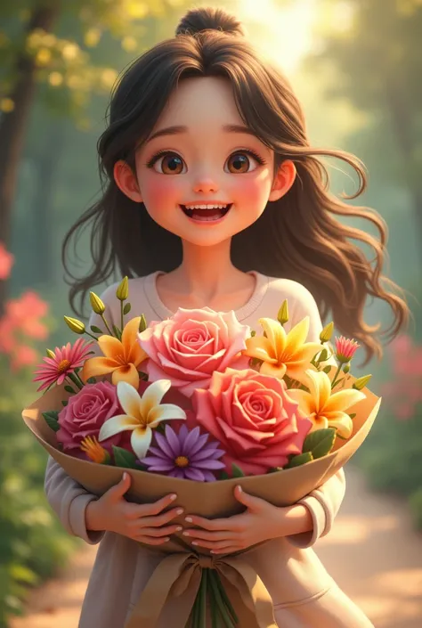 A  girl holding a bouquet of colored flowers, showing her big bouquet. Her face smiled happily. She handed the bouquet to you in front of you.