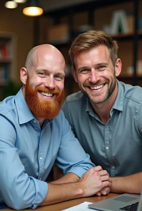  bald man with a red short beard without musclings a tall man with short kelbrown hair in his office. Both are smiling 