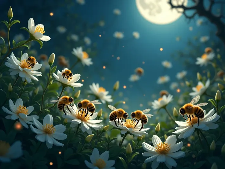 Bees collect jasmine flowers at night