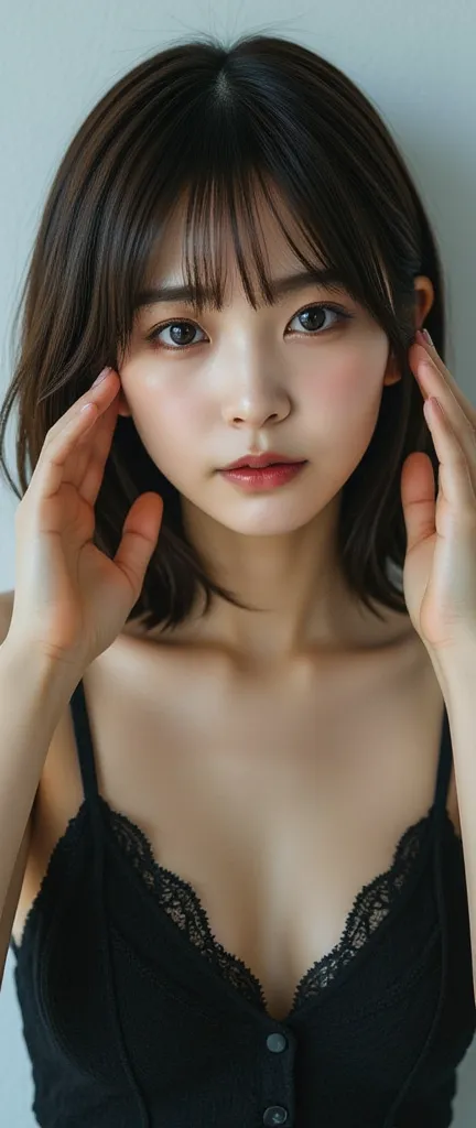 beautiful japanese woman ,  sexy, hold your ears with both hands, glare at the viewer, messy, damp brown hair ,  bob cut hair,  ...