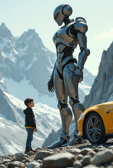 A metal robot and a young boy are standing on a mountain with a yellow car