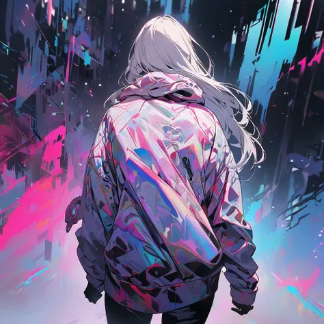 Top quality, high resolution, woman, back view, long hair, hoodie, walking, cool