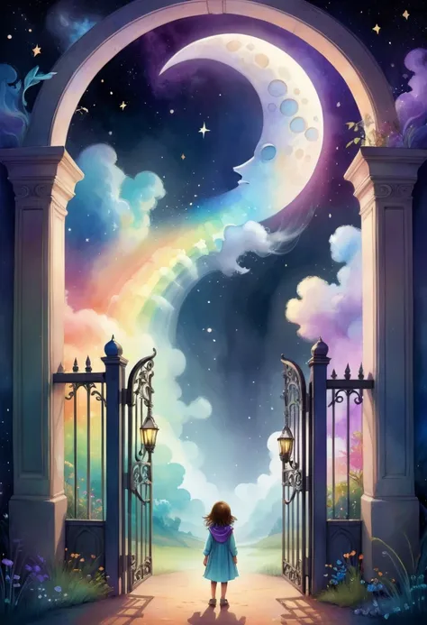 /imagine-art prompt:A dreamy and enchanting watercolor illustration in a Boho style, featuring a cute  standing with their back to the viewer on a rainbow in the universe, looking up at a large, magical gate in the distance. The  is standing on a rainbow t...