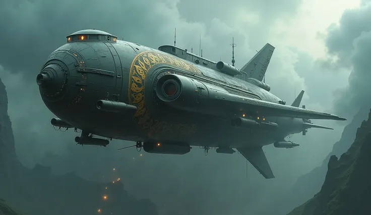 Wide view, high angle looking down shot, futuristic, Sci-fi cinematic scene. Dramatic storming sky background. Giant Armored heavy transport airship flying through, with wings and engines, with guns. wandering through sky, Golden runes and cybernectic line...
