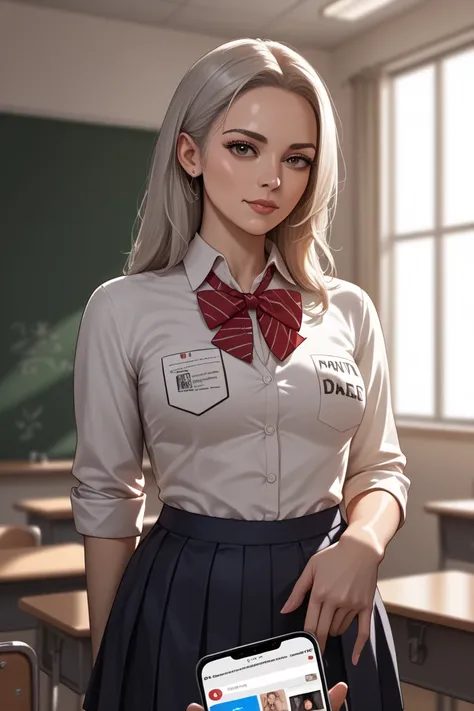 25-year-old woman, Mature Woman, ((In the classroom)), (( school uniform)),  RAW photos , (photoRealistic: 1.37, Realistic), High Precision Unified CG 8K Wallpaper,  1 girl , ((( perfect body for a lawn: 1.1)), ( medium breasts: 1.2),  is looking at the vi...