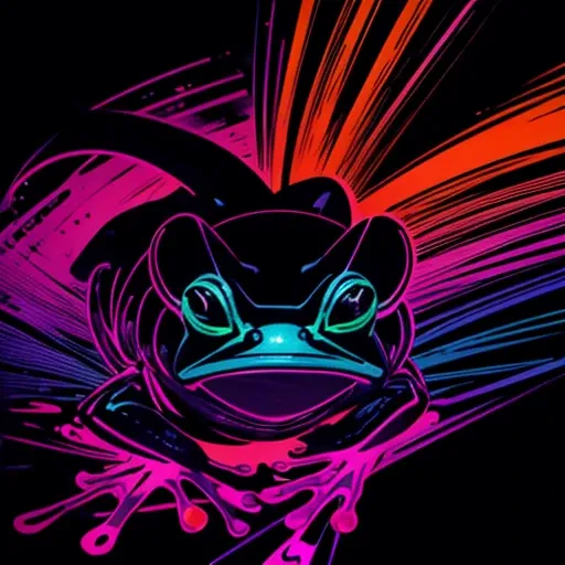  Make me, Please,  a frog using watercolor technique on a black paper background,  vector neon lines ,  synthetic wave , Purple Blue Red Orange ,  bright neon colors on a dark background ,