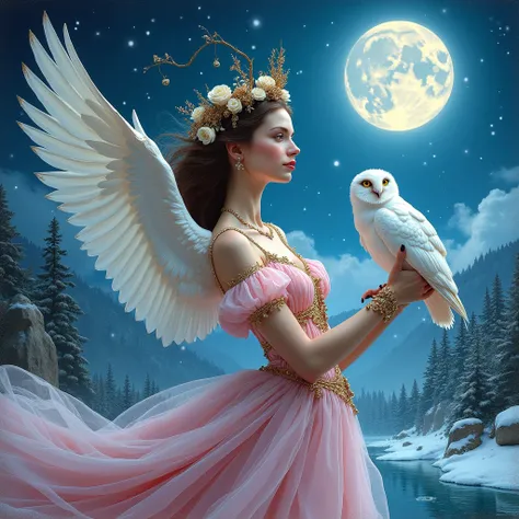 in the style of Josephine Wall, close-up of the beautiful sorceress Rococo whirlwind dress holding a white owl bird,winter, the moon is shining snowflakes snow ,glitter,sequins,white calla flowers, HB mountains and river in the background in snow, fantasy,...