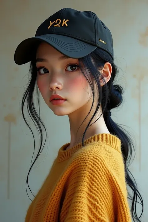 A girl with black hair, a y2k cap, a oversized sweater and 1 low bun tied.