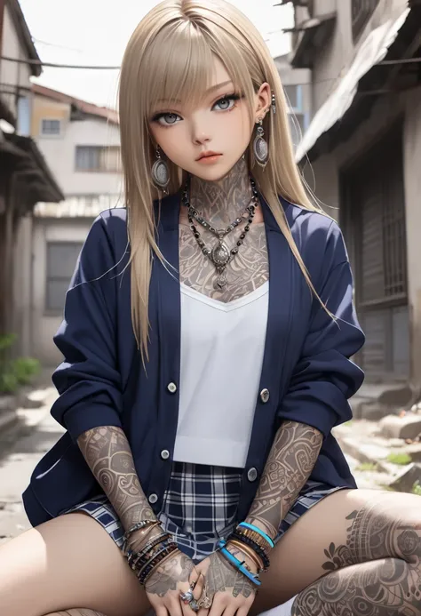 --ar 2:3 (closeup shot)
score_9_up (perfect anatomy:1.3) 1girl 18yo
((ash blond straight long hair))
(smokey eye makeup)
(Straight across bangs)
(Many earrings:1.3)(many bracelet:1.3)(many necklaces:1.3)
((many tribal tattoos))
((tattoos on visible skin, d...