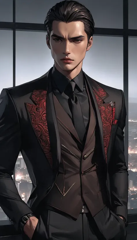 Neo-noir Futuristic art style, waist-up view, semi-realistic anime-style man. Black hair, neatly slicked-back with slight volume on top, parted left, showing a clean line. Warm brown skin, exuding Javanese ethnicity. Aged 25, with a short, well-groomed dar...