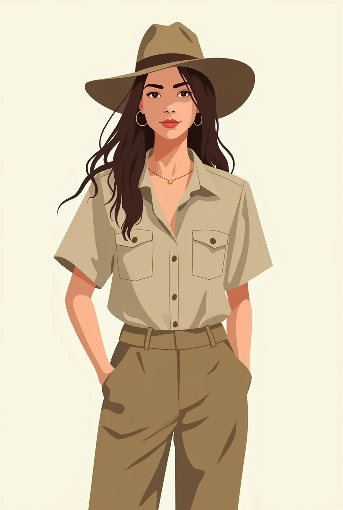 Give me a minimalist portrait-style illustration of a young woman with long hair and safari clothing