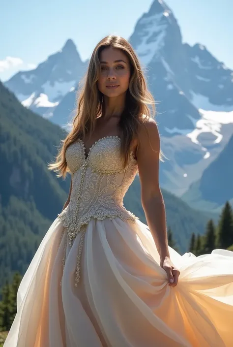 "A woman wearing a beautiful princess gown, weighing approximately 80 kilograms, with long flowing hair. She stands gracefully in front of a stunning mountain backdrop, with the mountains towering in the distance, their peaks covered with snow. The gown is...