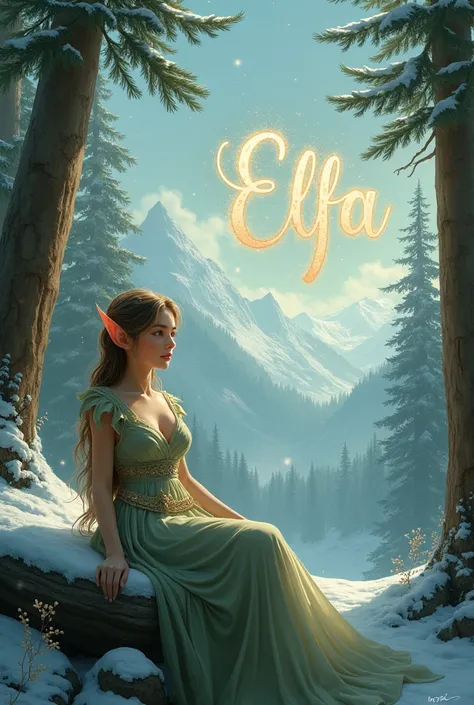 Can you create a picture of an girl elf on the self with a snowy background with te name Elfa written in the sky with sparkles