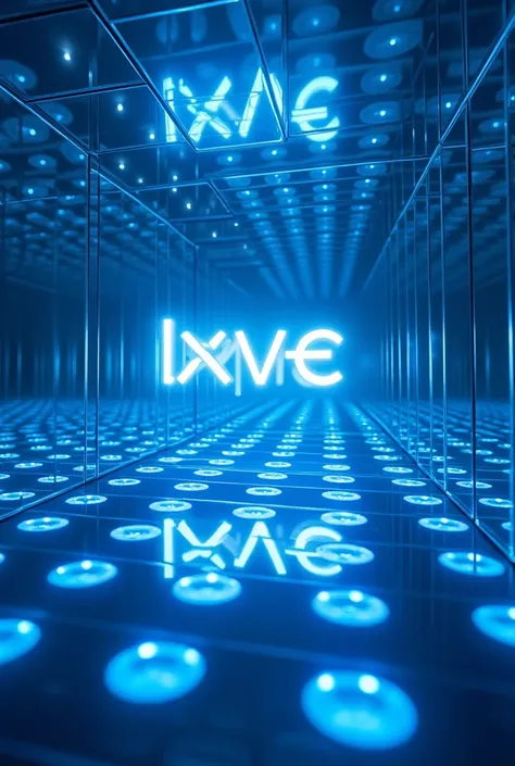 "An infinite mirror installation with glowing blue LED lights, maintaining the same angle and perspective as the reference image. In the center, replace the floral elements with luminous, floating text that appears suspended in the reflective space. The te...