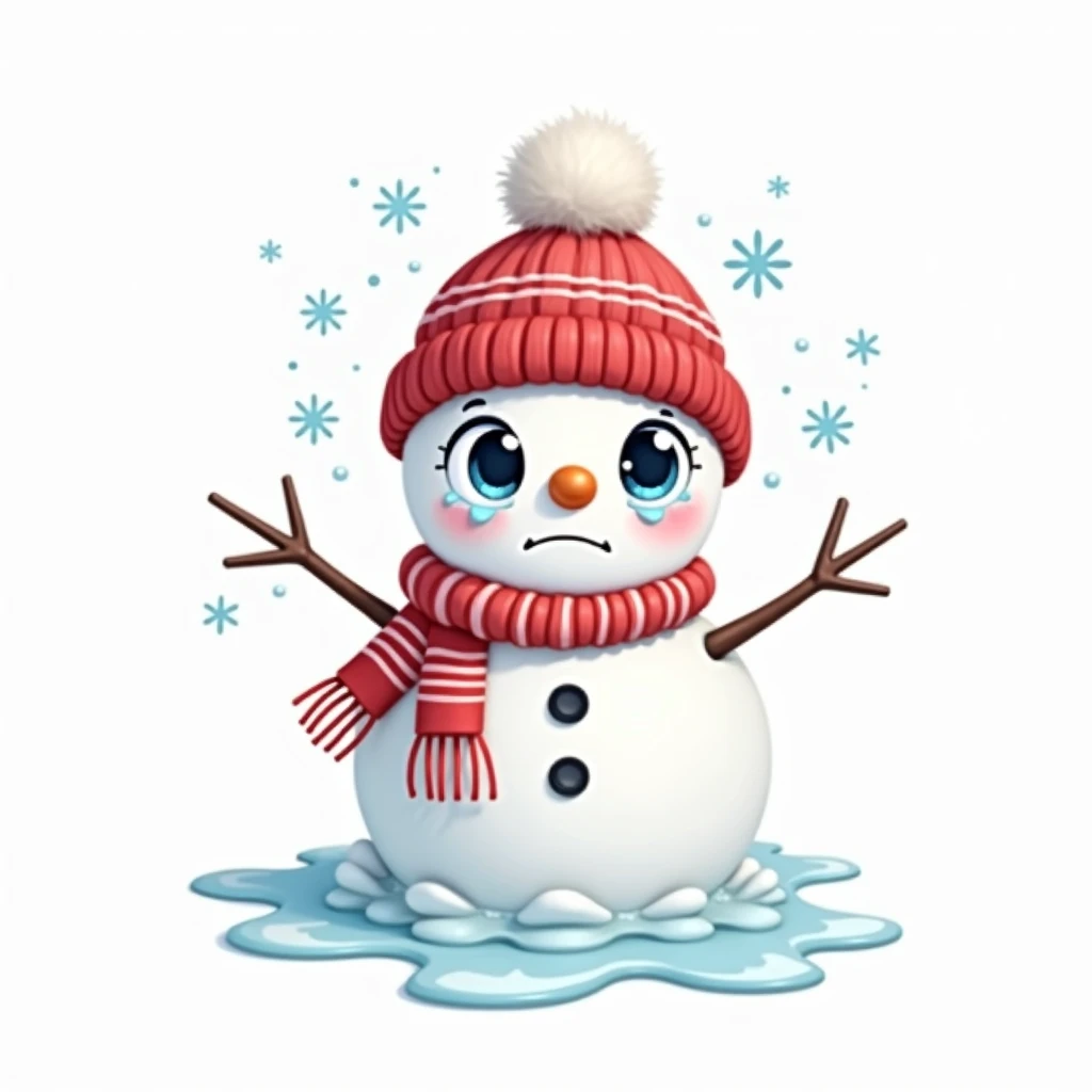 This image shows a cute, melting snowman with big teary eyes and a slightly sad expression. The snowman is decorated with a red knit hat with white pom-poms and a matching red and white striped scarf. Its stick arm raised slightly and the melting snow form...