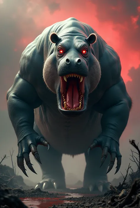 A super hyper-realistic and horrifying hybrid creature combining the traits of a panda and a hippopotamus. The creature has the massive, muscular body of a hippo, covered in black-and-white fur with panda-like patterns. Its face blends the terrifying jaws ...