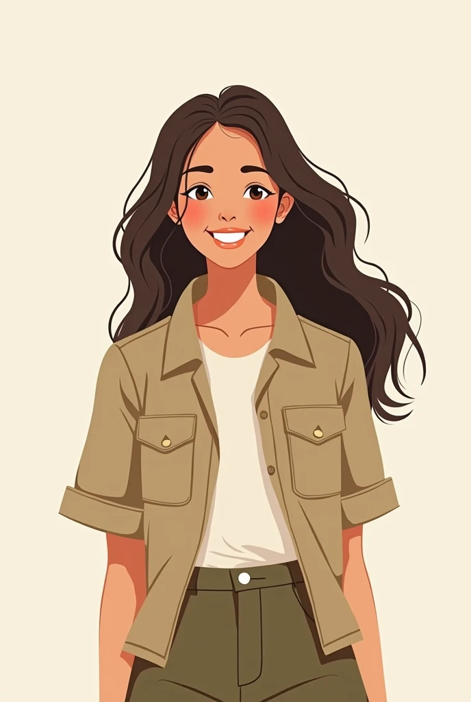 Give me a minimalist portrait-style illustration of a smiling young woman with long hair and safari clothing