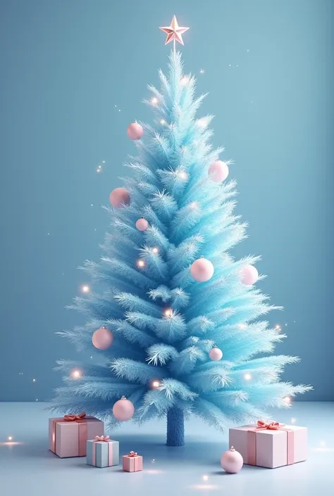 Christmas tree, blue ice, pastel decorations, star, twinkling lights, soft glow, gift boxes, trinkets, festive atmosphere, delicate design, minimalist holiday decor, cozy ambiance, elegant simplicity, dreamy background, muted colors, pearlescent finish, 3D...