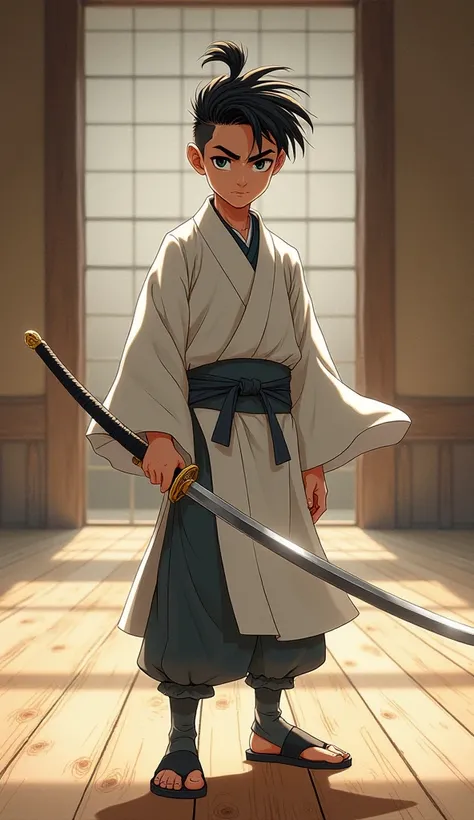 boy，小boy，Handsome， angular face in the dojo， with a sword eyebrows ，Wearing a Daoist robe，在道场上，Delicate lines ，细节，masterpiece， High Quality ，HD， high resolution