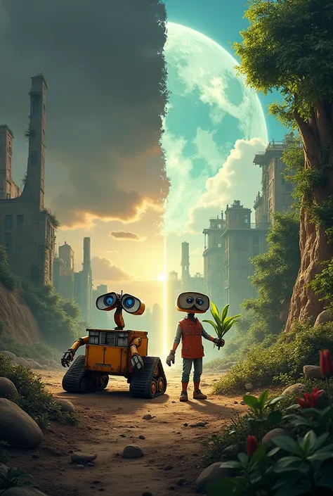 
Book Cover Design Concept:
A split cover design. On the left, a polluted, desolate Earth with Wall-E alone, surrounded by trash and abandoned buildings under a dim, gray sky. On the right, a lush, green Earth with vibrant plants and Wall-E holding a small...