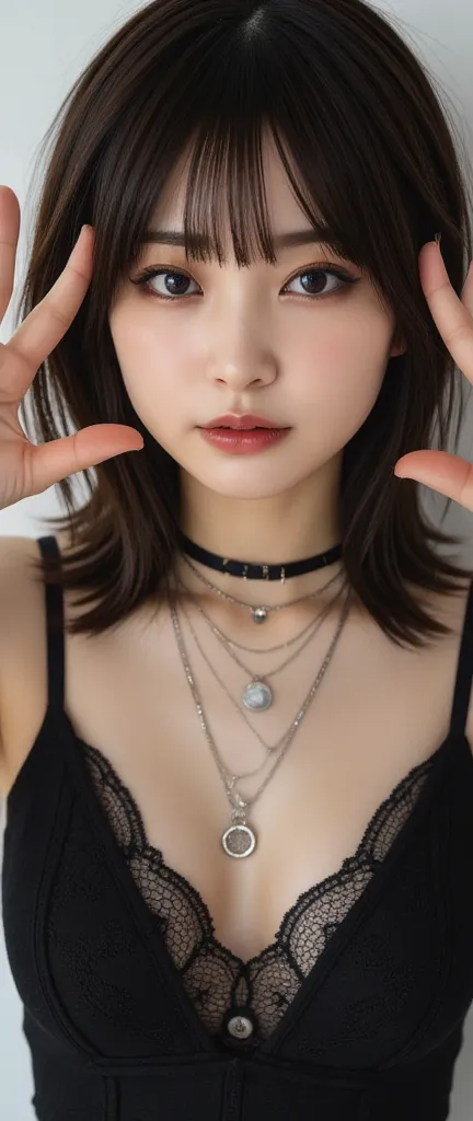 beautiful japanese woman ,  sexy,  hold your ears with both hands:1.331, stare at the viewer , anatomically correct fingers, mes...