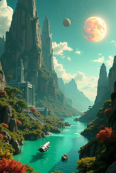 "An ultra-detailed, cinematic depiction of an alien civilization thriving in a futuristic space fantasy landscape. The scene features a spatial futuristic castle towering over a serene, small river pond surrounded by a lush space forest adorned with sage g...