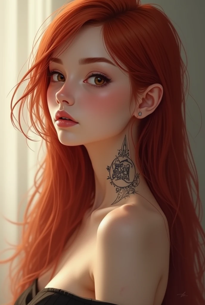 A beautiful young women round face cut and skin tone fair small nose and small light pink lips straight red long hairs and tatoo on our neck written xena 