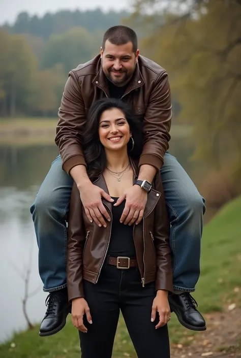 an overweight man on a tall slim smiling beautiful sexy Armenian brunette womans shoulders near a river side , shoulder ride, carrying person, man on top half of image, woman on bottom half of image, she is wearing brown black leather, natural smile 