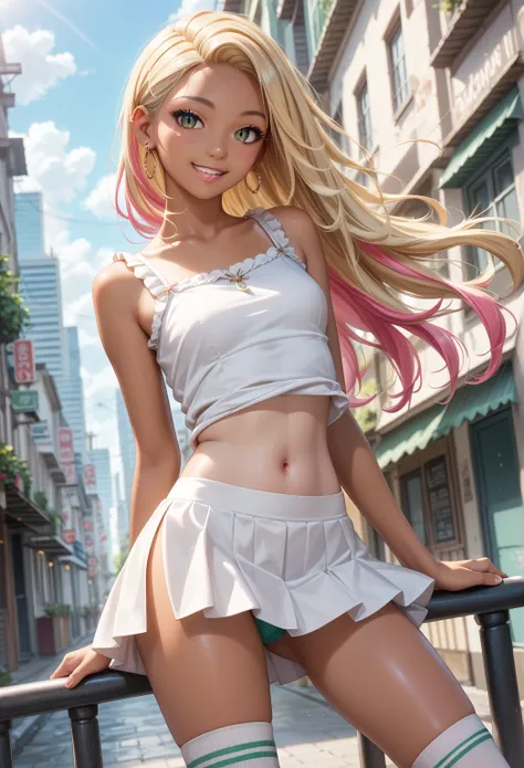 Masterpiece, high quality, tonal high definition, 16K, Makoto Shinkai illustration background, detailed background, young woman, flashy blonde hair, inner colored hair, gal, tanned skin, long eyelashes, slit eyes, ear piercing, belly button dress,, gal fas...