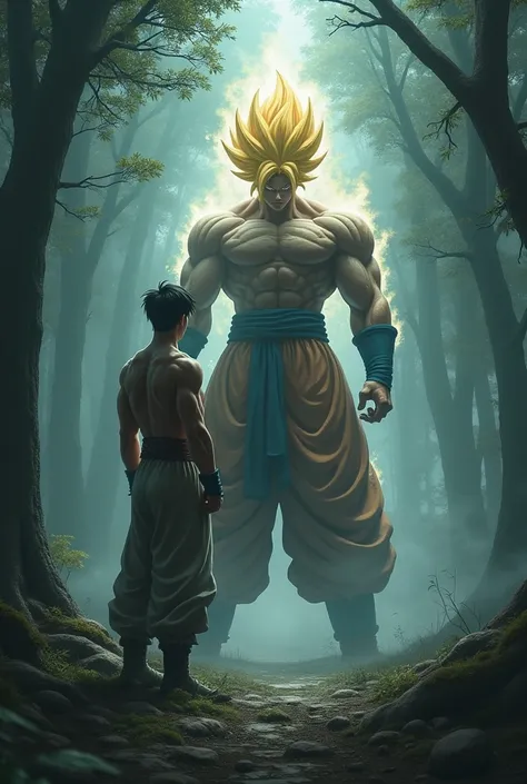 A strikingly handsome young man standing confidently beside a powerful warrior resembling Son Goku in Super Saiyan form. The scene is set in a dark, misty forest filled with towering trees that fade into the fog. The atmosphere is eerie yet captivating, wi...