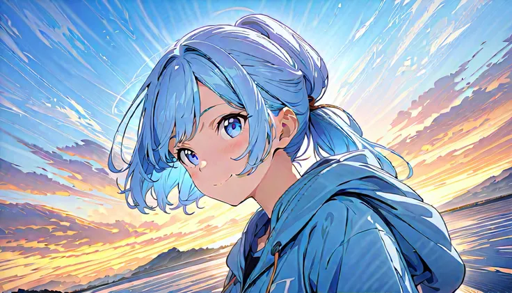 (masterpiece, Highest quality, Official Art:1.2), Looking at the audience, One Girl, alone, (light blue hair, ponytail) and (light blue eyes), wearing a hoodie, Sky Background, Ultra-fine illustrations, highly detailed, Dynamic Angle, beautiful detailed, 8...