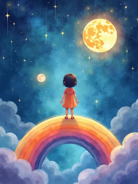 A dreamy and enchanting watercolor illustration in a Boho style, rens book cover, featuring a cute young sleepy  standing with their back to the viewer on a rainbow in the universe, looking up at a wonderfull magical gate in the distance. The  is standing ...