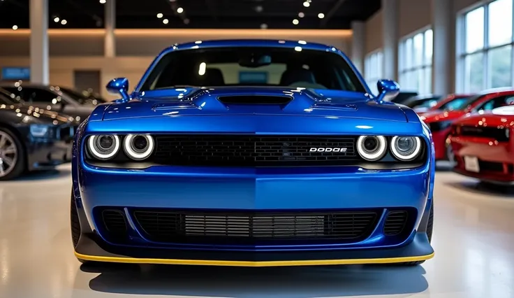 2025 Dodge demon Classic Design new Design Shiny blue colour straight front view in luxurious showroom