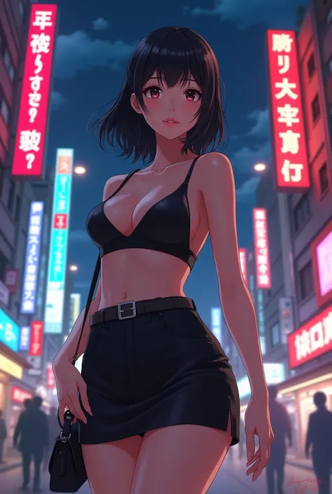 Anime Images、 Japanese、Mature Woman、４５age、 sexy、 miniskirt、Night downtown background