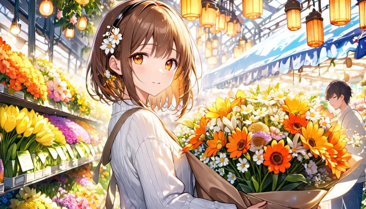 background：Flower market 、Mr.々 colorful flowers are lined up 、 light sweaters and jeans with a pleasant scent in the air 。  
expression：楽しそうに花を選ぶexpression。  
Costume：A light sweater and jeans。  
 pose： picking up bouquets 、 enjoying the scent 。  
scene：( ...